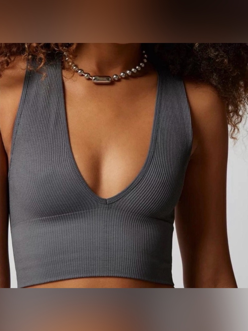 Urban Outfitters sz M Gray Out From Under Seamless Ribbed Plunge V-Neck Crop Top